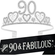 90th Birthday Glitter Sash and Silver Rhinestone Tiara Set for Women